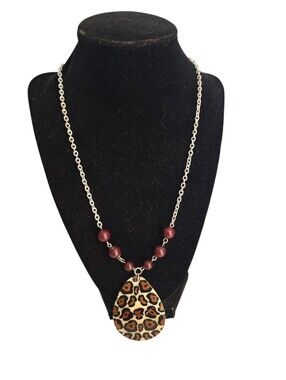 Silvertone Chain Necklace with Brown Beads Mother of Pearl Shell Animal Print